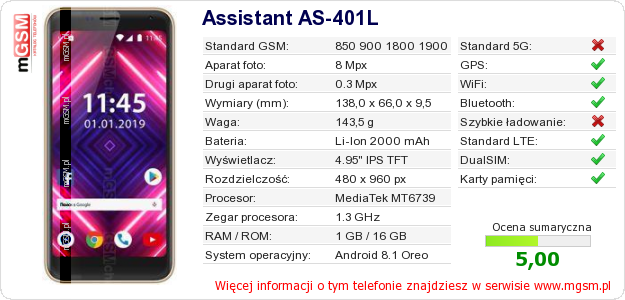 Dane telefonu Assistant AS-401L