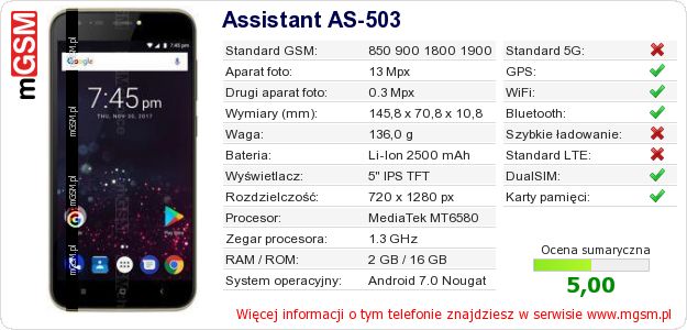Dane telefonu Assistant AS-503