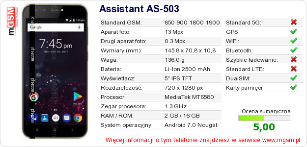 Dane telefonu Assistant AS-503