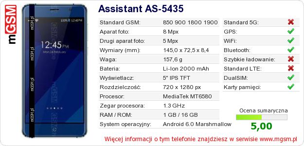 Dane telefonu Assistant AS-5435 Dane telefonu Assistant AS-5435