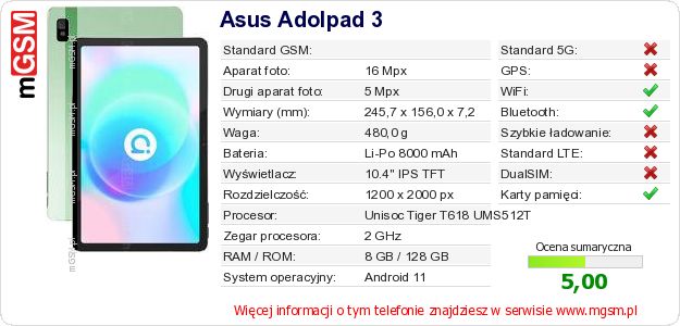 Dane telefonu Asus Adolpad 3 Dane telefonu Asus Adolpad 3
