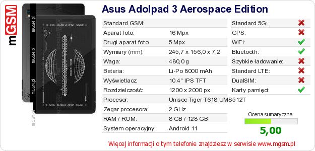 Dane telefonu Asus Adolpad 3 Aerospace Edition Dane telefonu Asus Adolpad 3 Aerospace Edition