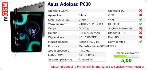 Dane telefonu Asus Adolpad P030 Dane telefonu Asus Adolpad P030