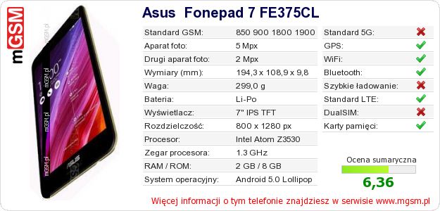 Dane telefonu Asus Fonepad 7 FE375CL Dane telefonu Asus Fonepad 7 FE375CL