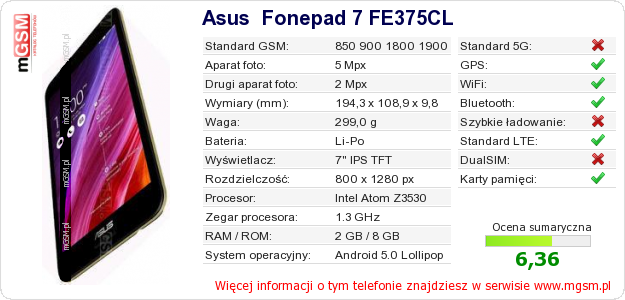 Dane telefonu Asus  Fonepad 7 FE375CL