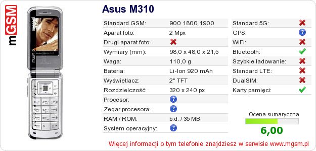 Dane telefonu Asus M310