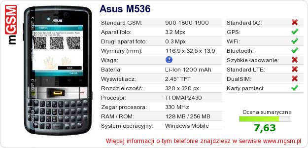 Dane telefonu Asus M536 Dane telefonu Asus M536