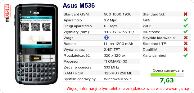Dane telefonu Asus M536