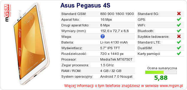 Dane telefonu Asus Pegasus 4S