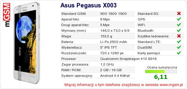 Dane telefonu Asus Pegasus X003