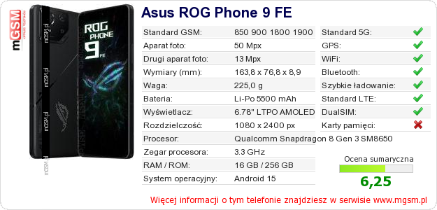 Dane telefonu Asus ROG Phone 9 FE Dane telefonu Asus ROG Phone 9 FE
