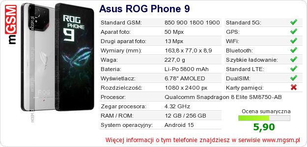 Dane telefonu Asus ROG Phone 9