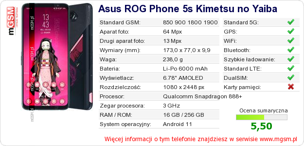 Dane telefonu Asus ROG Phone 5s Kimetsu no Yaiba