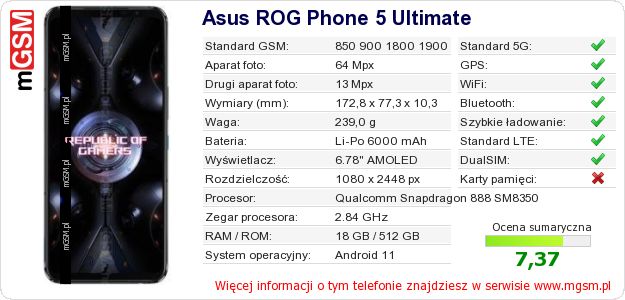Dane telefonu Asus ROG Phone 5 Ultimate Dane telefonu Asus ROG Phone 5 Ultimate