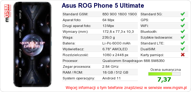 Dane telefonu Asus ROG Phone 5 Ultimate