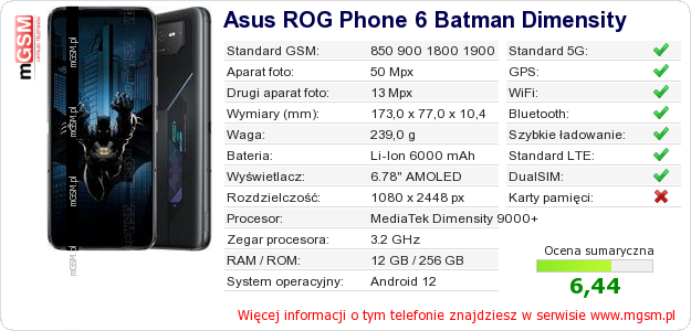 Dane telefonu Asus ROG Phone 6 Batman Dimensity