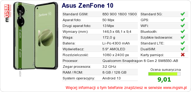 Dane telefonu Asus ZenFone 10 Dane telefonu Asus ZenFone 10