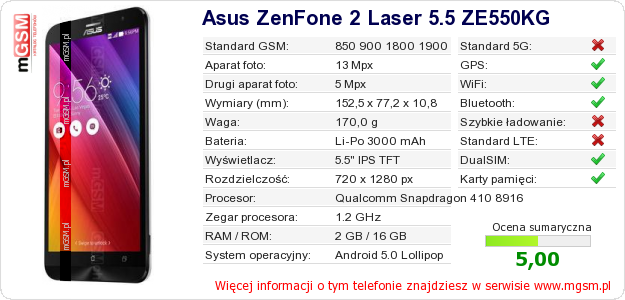 Dane telefonu Asus ZenFone 2 Laser 5.5 ZE550KG