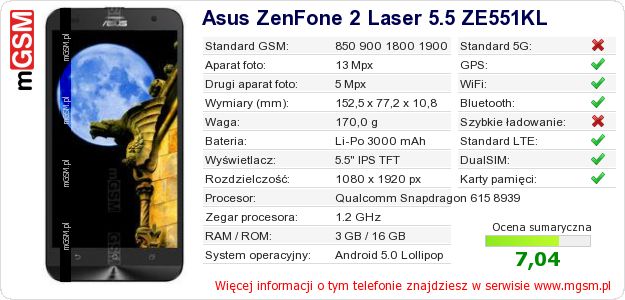 Dane telefonu Asus ZenFone 2 Laser 5.5 ZE551KL