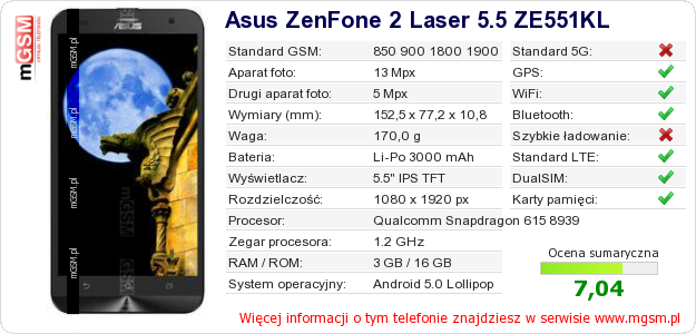 Dane telefonu Asus ZenFone 2 Laser 5.5 ZE551KL