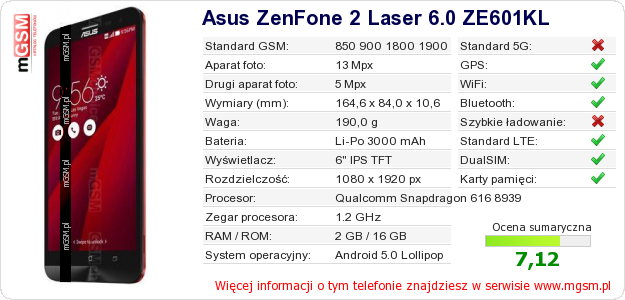 Dane telefonu Asus ZenFone 2 Laser 6.0 ZE601KL Dane telefonu Asus ZenFone 2 Laser 6.0 ZE601KL