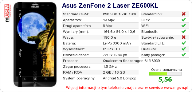 Dane telefonu Asus ZenFone 2 Laser ZE600KL Dane telefonu Asus ZenFone 2 Laser ZE600KL