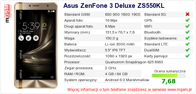Dane telefonu Asus ZenFone 3 Deluxe ZS550KL Dane telefonu Asus ZenFone 3 Deluxe ZS550KL