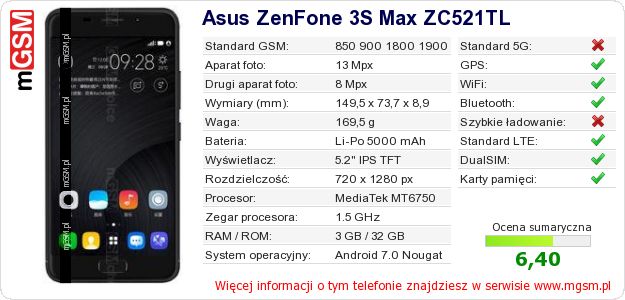 Dane telefonu Asus ZenFone 3S Max ZC521TL