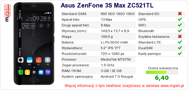Dane telefonu Asus ZenFone 3S Max ZC521TL Dane telefonu Asus ZenFone 3S Max ZC521TL