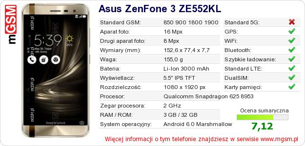 Dane telefonu Asus ZenFone 3 ZE552KL
