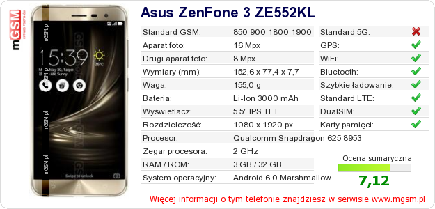 Dane telefonu Asus ZenFone 3 ZE552KL