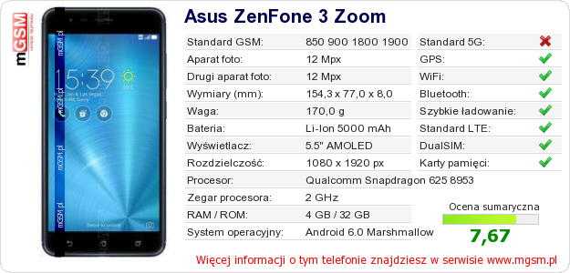 Dane telefonu Asus ZenFone 3 Zoom Dane telefonu Asus ZenFone 3 Zoom