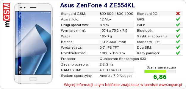 Dane telefonu Asus ZenFone 4 ZE554KL