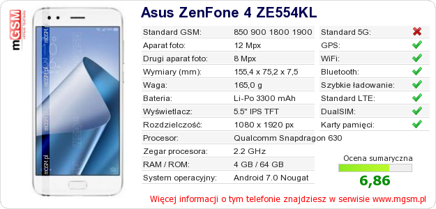 Dane telefonu Asus ZenFone 4 ZE554KL