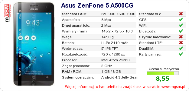 Dane telefonu Asus ZenFone 5 A500CG