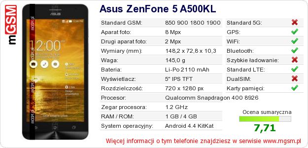 Dane telefonu Asus ZenFone 5 A500KL