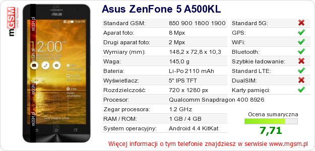 Dane telefonu Asus ZenFone 5 A500KL