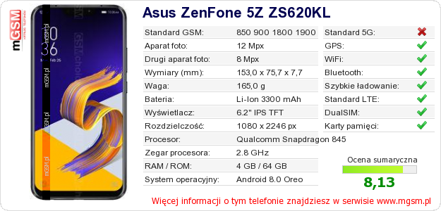 Dane telefonu Asus ZenFone 5Z ZS620KL