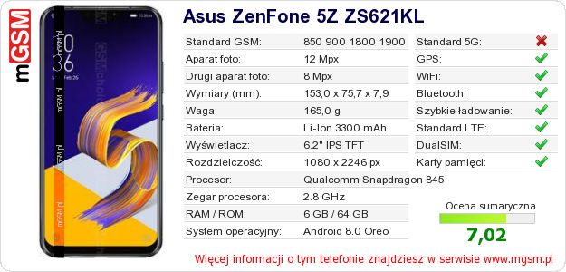 Dane telefonu Asus ZenFone 5Z ZS621KL Dane telefonu Asus ZenFone 5Z ZS621KL