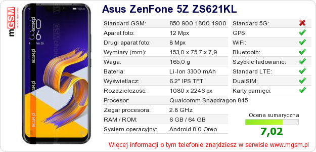 Dane telefonu Asus ZenFone 5Z ZS621KL Dane telefonu Asus ZenFone 5Z ZS621KL