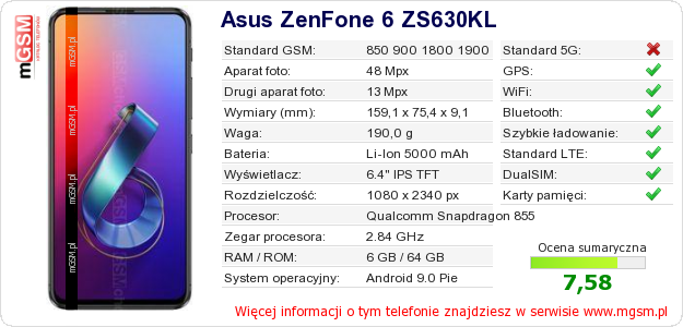 Dane telefonu Asus ZenFone 6 ZS630KL Dane telefonu Asus ZenFone 6 ZS630KL