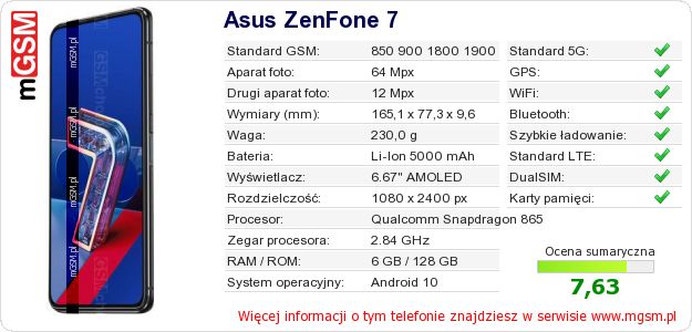 Dane telefonu Asus ZenFone 7