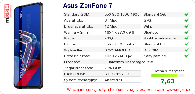 Dane telefonu Asus ZenFone 7