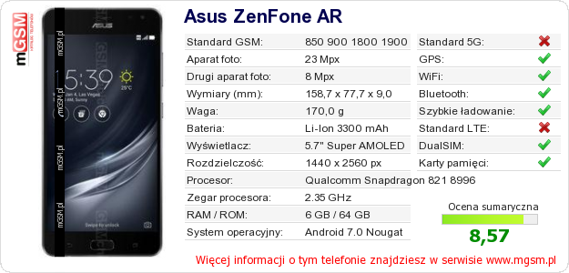 Dane telefonu Asus ZenFone AR Dane telefonu Asus ZenFone AR