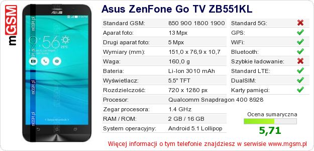 Dane telefonu Asus ZenFone Go TV ZB551KL