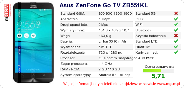 Dane telefonu Asus ZenFone Go TV ZB551KL