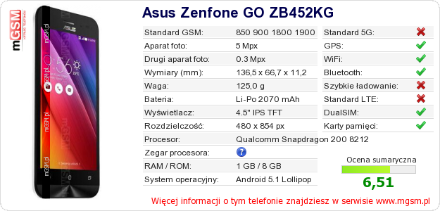 Dane telefonu Asus Zenfone GO ZB452KG