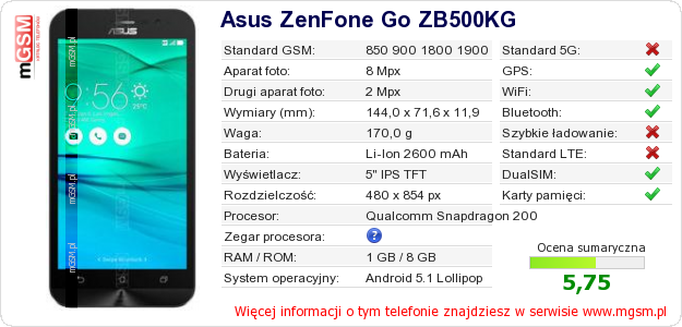 Dane telefonu Asus ZenFone Go ZB500KG Dane telefonu Asus ZenFone Go ZB500KG