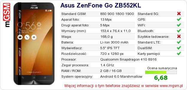 Dane telefonu Asus ZenFone Go ZB552KL