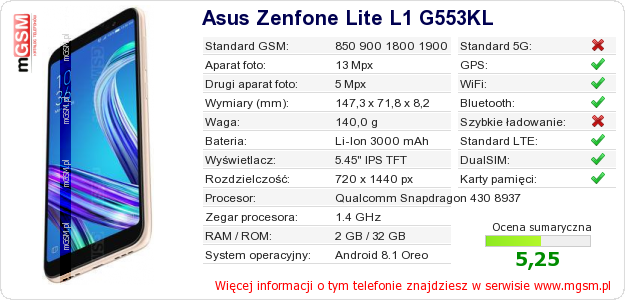 Dane telefonu Asus Zenfone Lite L1 G553KL